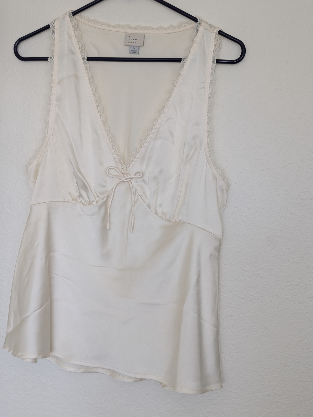A New Day Lace-Trim Satin Sleep Tank Top — Ivory